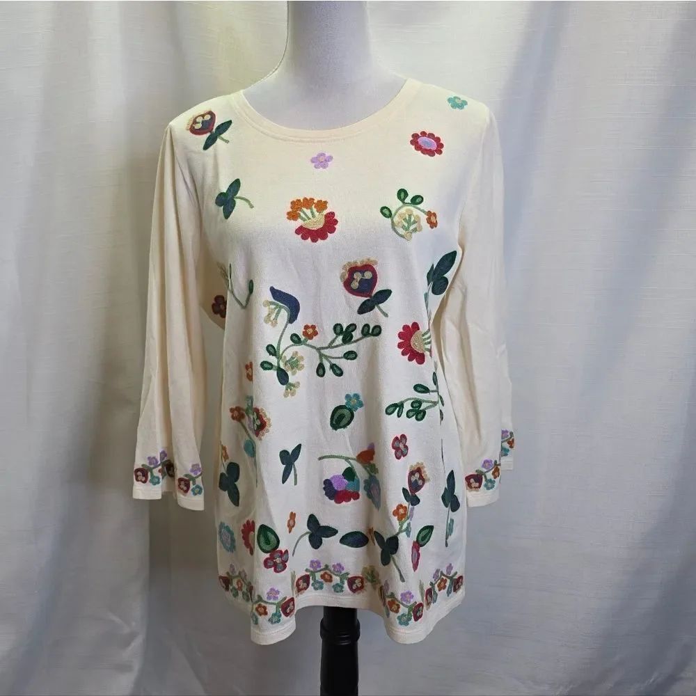 Coldwater Creek Cream Floral Embroidered Cotton Tunic Top Size Small